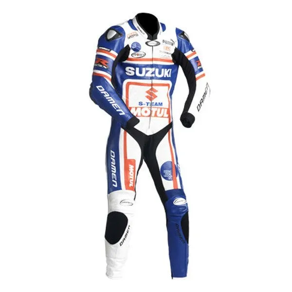 Suzuki R GSX Leather Racing Suit White Blue Red Front