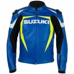 Suzuki Motorcycle Leather Racing Jacket Blue Yellow White Front