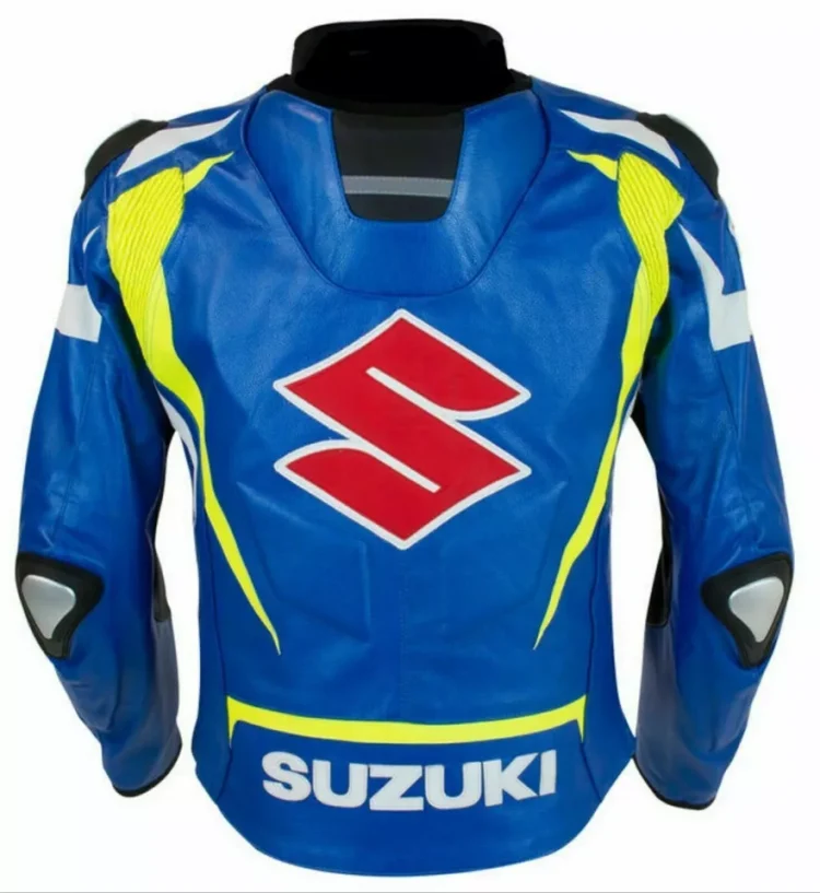 Suzuki Motorcycle Leather Racing Jacket Blue Yellow White Back