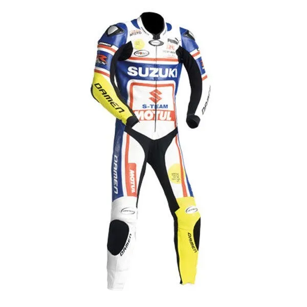 Custom Suzuki R GSX Motorcycle Leather Racing Suit White Blue Red Yellow Front