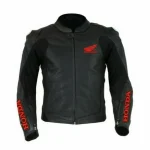Honda Simple Motorcycle Leather Racing Jacket Black Red Front