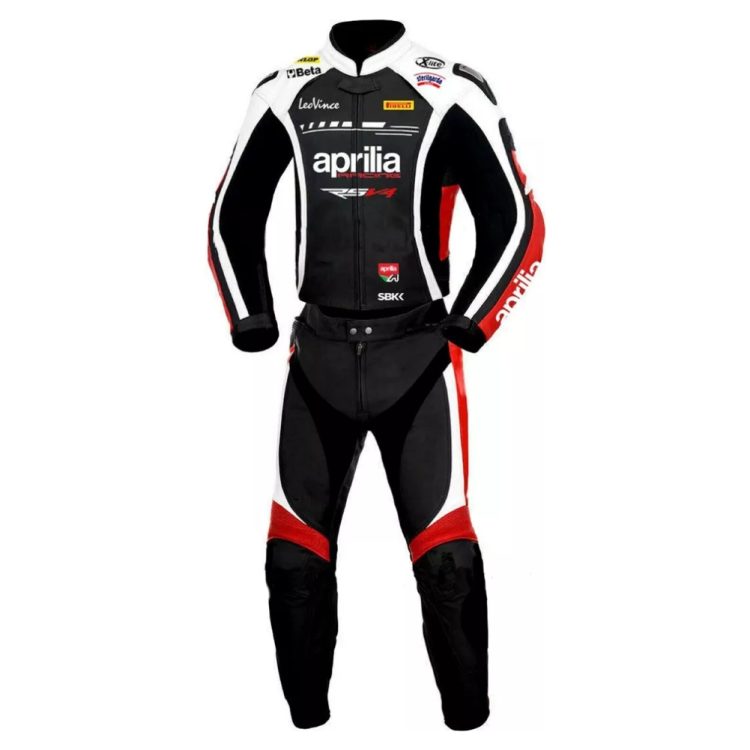 Aprilia Racing RSV4 Leo Vince motorbike suit black red white front
