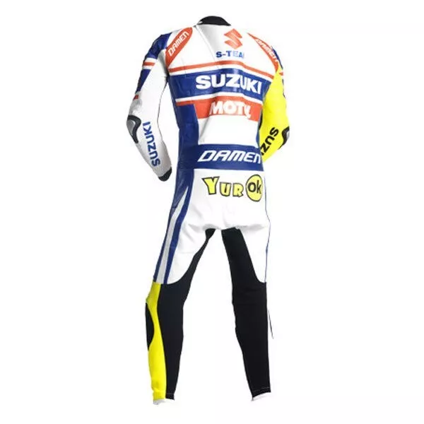 Custom Suzuki R GSX Motorcycle Leather Racing Suit White Blue Red Yellow Back
