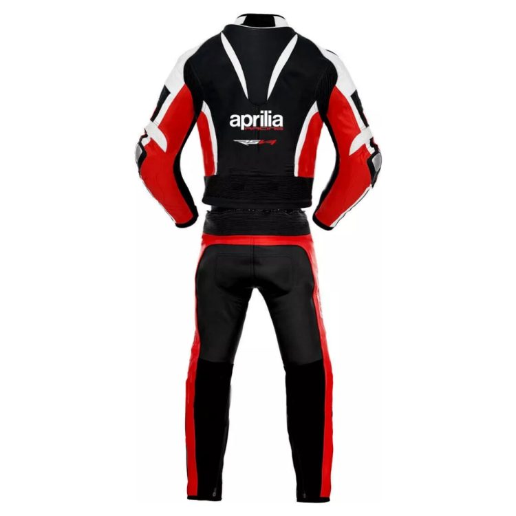 Aprilia Racing RSV4 Leo Vince motorbike suit black red white back