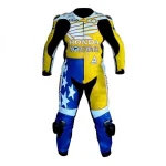Honda Moriwaki Custom Motorcycle Leather Racing Suit Yellow Blue White Front