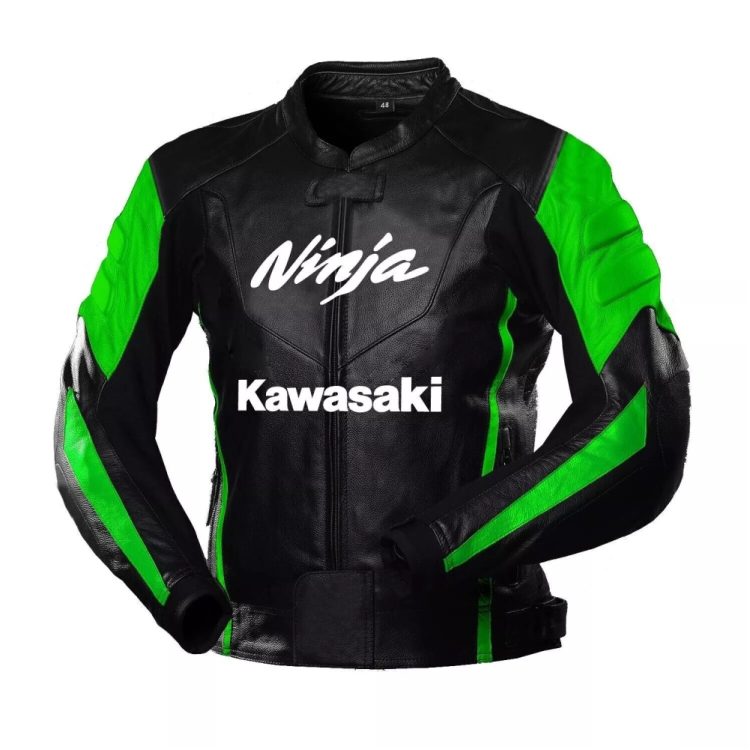 Kawasaki Ninja Motorbike Leather Racing Jacket Black Green Front