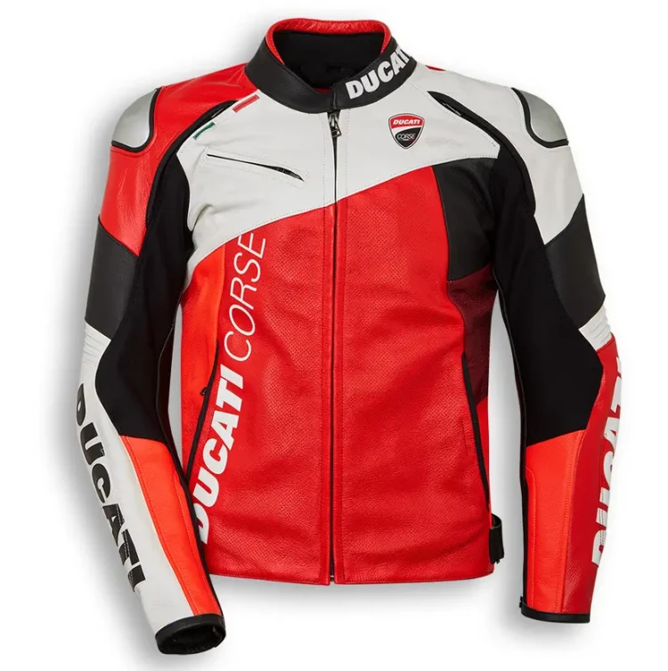 Ducati Corse Motorbike Leather Jacket Slant Design Red White Black Front