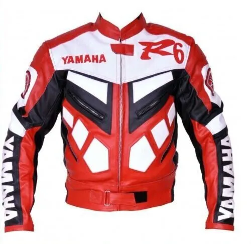 Yamaha R6 Motorcycle Leather Racing Jacket Red White Black Front