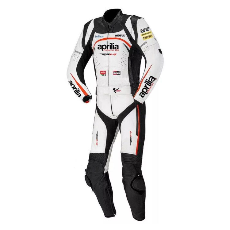 Aprilia Racing RSV4 Motorbike Suit White Black Red Front